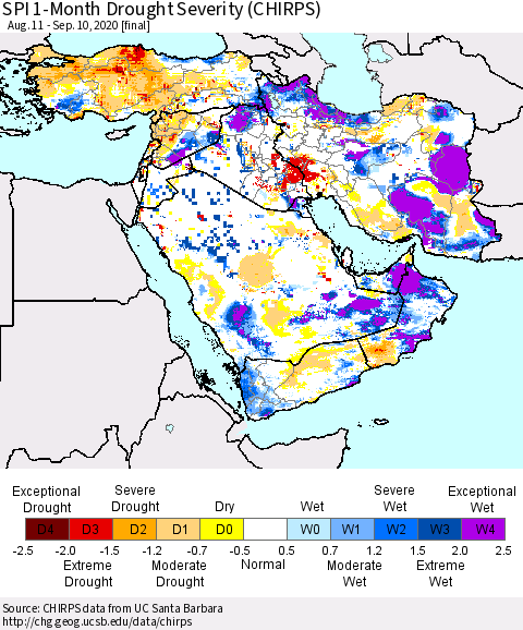 Middle East and Turkey SPI 1-Month Drought Severity (CHIRPS) Thematic Map For 8/11/2020 - 9/10/2020