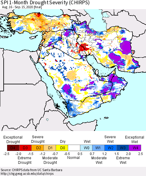 Middle East and Turkey SPI 1-Month Drought Severity (CHIRPS) Thematic Map For 8/16/2020 - 9/15/2020