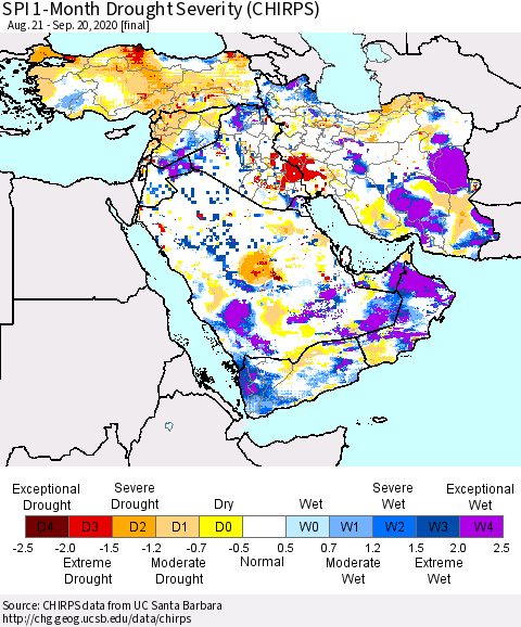 Middle East and Turkey SPI 1-Month Drought Severity (CHIRPS) Thematic Map For 8/21/2020 - 9/20/2020