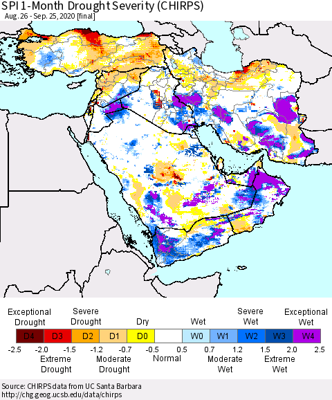 Middle East and Turkey SPI 1-Month Drought Severity (CHIRPS) Thematic Map For 8/26/2020 - 9/25/2020