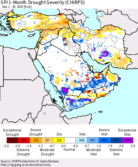 Middle East and Turkey SPI 1-Month Drought Severity (CHIRPS) Thematic Map For 9/1/2020 - 9/30/2020