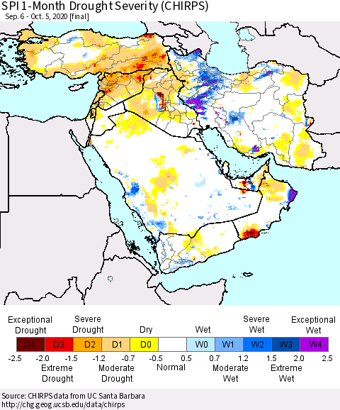 Middle East and Turkey SPI 1-Month Drought Severity (CHIRPS) Thematic Map For 9/6/2020 - 10/5/2020