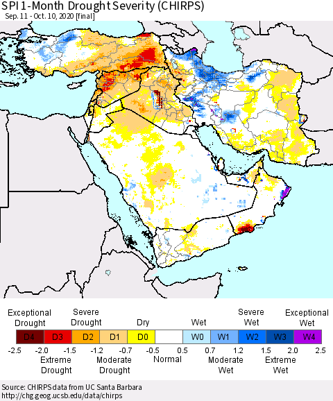 Middle East and Turkey SPI 1-Month Drought Severity (CHIRPS) Thematic Map For 9/11/2020 - 10/10/2020