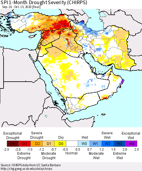 Middle East and Turkey SPI 1-Month Drought Severity (CHIRPS) Thematic Map For 9/16/2020 - 10/15/2020