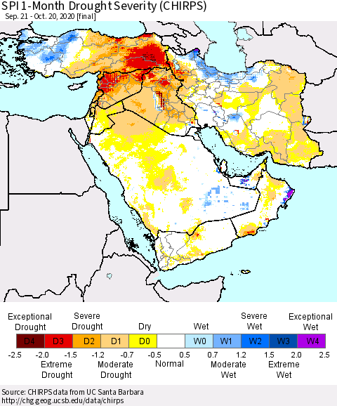 Middle East and Turkey SPI 1-Month Drought Severity (CHIRPS) Thematic Map For 9/21/2020 - 10/20/2020