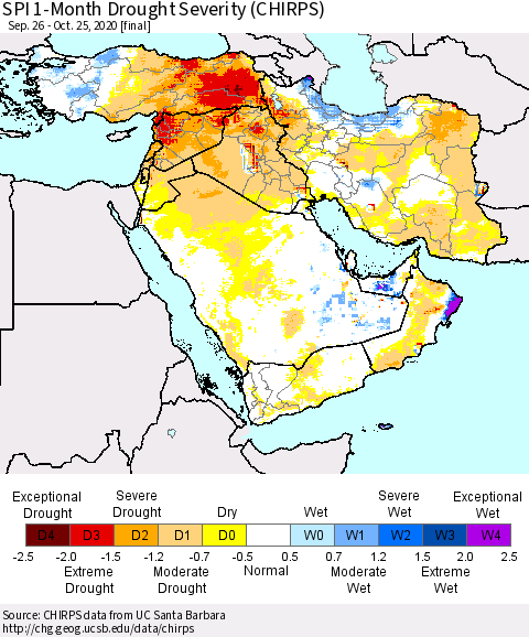 Middle East and Turkey SPI 1-Month Drought Severity (CHIRPS) Thematic Map For 9/26/2020 - 10/25/2020