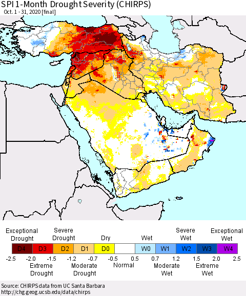 Middle East and Turkey SPI 1-Month Drought Severity (CHIRPS) Thematic Map For 10/1/2020 - 10/31/2020