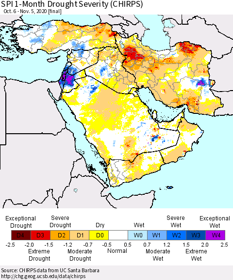 Middle East and Turkey SPI 1-Month Drought Severity (CHIRPS) Thematic Map For 10/6/2020 - 11/5/2020