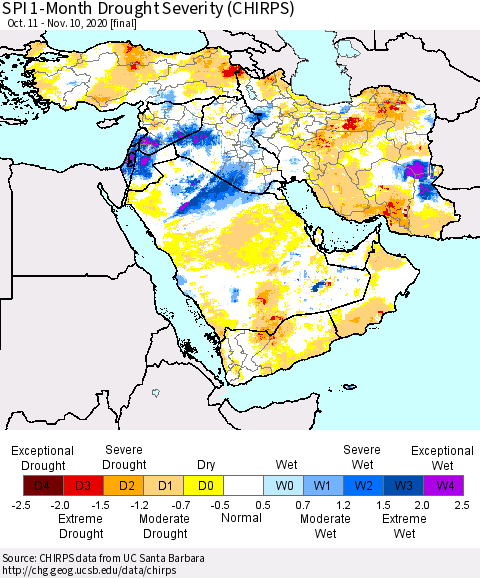 Middle East and Turkey SPI 1-Month Drought Severity (CHIRPS) Thematic Map For 10/11/2020 - 11/10/2020