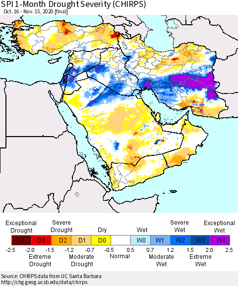 Middle East and Turkey SPI 1-Month Drought Severity (CHIRPS) Thematic Map For 10/16/2020 - 11/15/2020