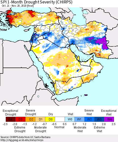 Middle East and Turkey SPI 1-Month Drought Severity (CHIRPS) Thematic Map For 10/21/2020 - 11/20/2020