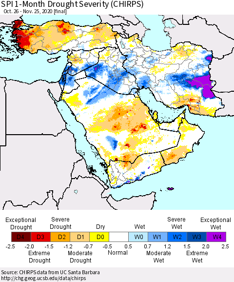 Middle East and Turkey SPI 1-Month Drought Severity (CHIRPS) Thematic Map For 10/26/2020 - 11/25/2020