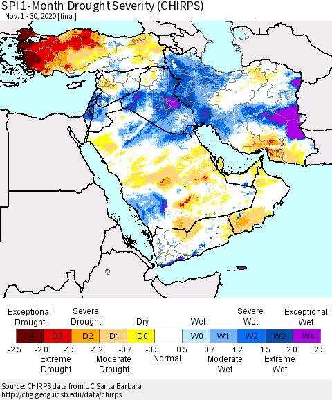 Middle East and Turkey SPI 1-Month Drought Severity (CHIRPS) Thematic Map For 11/1/2020 - 11/30/2020