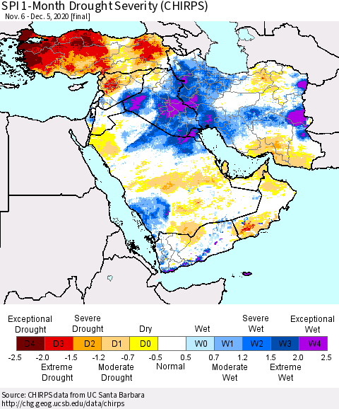 Middle East and Turkey SPI 1-Month Drought Severity (CHIRPS) Thematic Map For 11/6/2020 - 12/5/2020