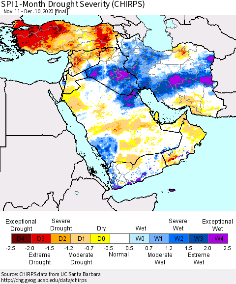 Middle East and Turkey SPI 1-Month Drought Severity (CHIRPS) Thematic Map For 11/11/2020 - 12/10/2020