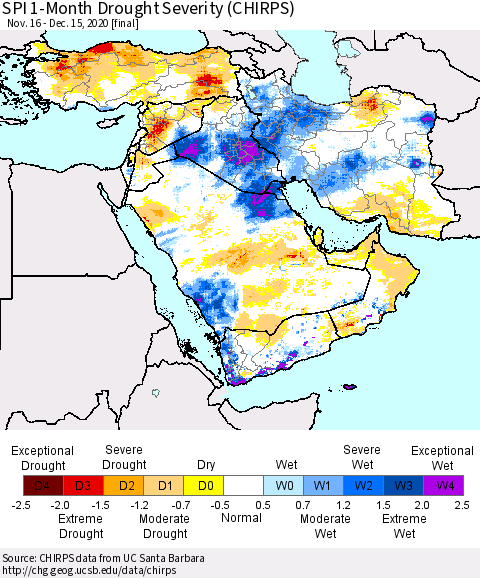 Middle East and Turkey SPI 1-Month Drought Severity (CHIRPS) Thematic Map For 11/16/2020 - 12/15/2020