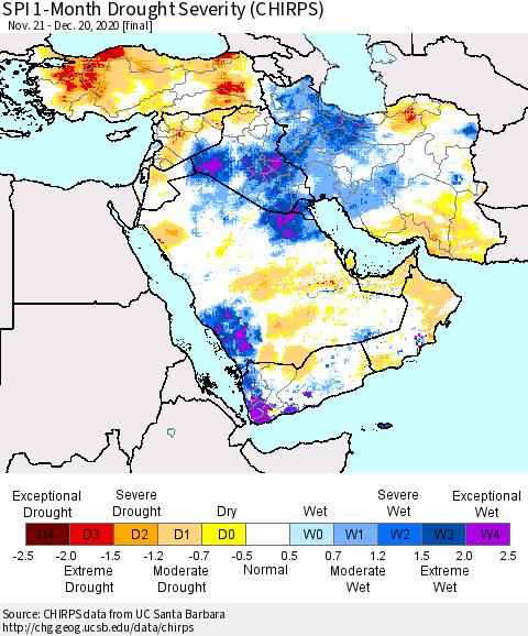 Middle East and Turkey SPI 1-Month Drought Severity (CHIRPS) Thematic Map For 11/21/2020 - 12/20/2020