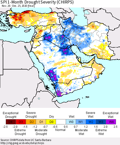 Middle East and Turkey SPI 1-Month Drought Severity (CHIRPS) Thematic Map For 11/26/2020 - 12/25/2020