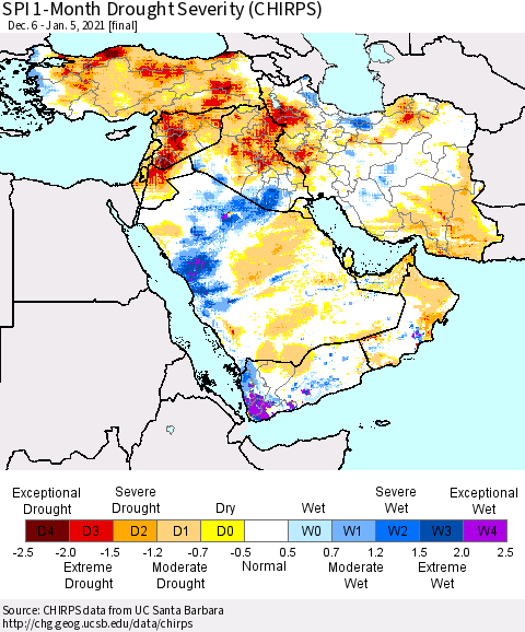 Middle East and Turkey SPI 1-Month Drought Severity (CHIRPS) Thematic Map For 12/6/2020 - 1/5/2021