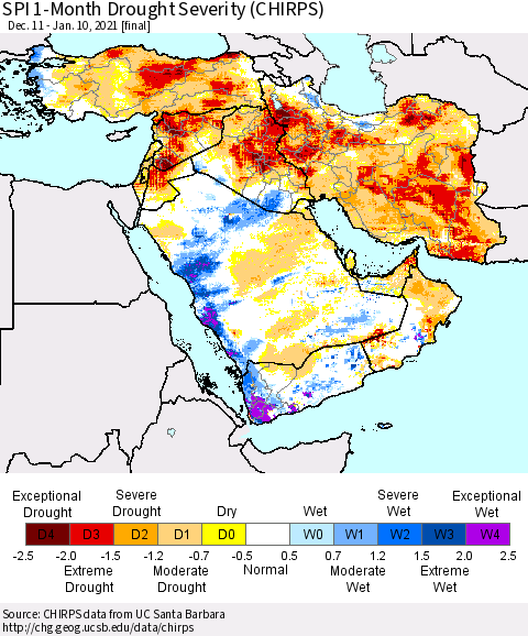 Middle East and Turkey SPI 1-Month Drought Severity (CHIRPS) Thematic Map For 12/11/2020 - 1/10/2021