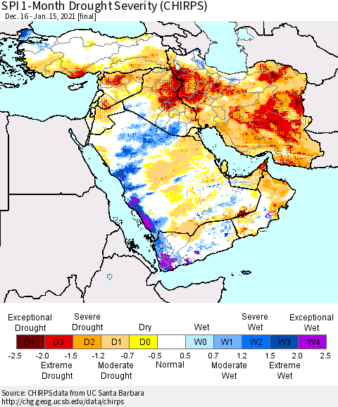 Middle East and Turkey SPI 1-Month Drought Severity (CHIRPS) Thematic Map For 12/16/2020 - 1/15/2021
