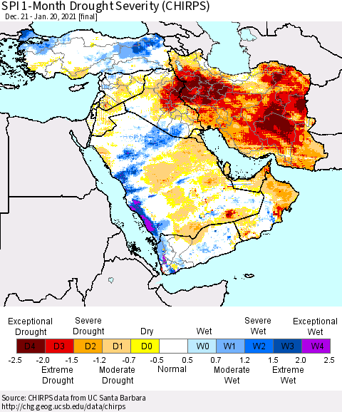 Middle East and Turkey SPI 1-Month Drought Severity (CHIRPS) Thematic Map For 12/21/2020 - 1/20/2021