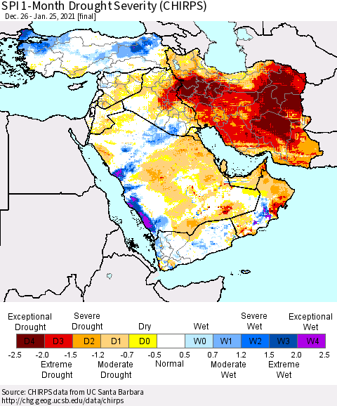 Middle East and Turkey SPI 1-Month Drought Severity (CHIRPS) Thematic Map For 12/26/2020 - 1/25/2021