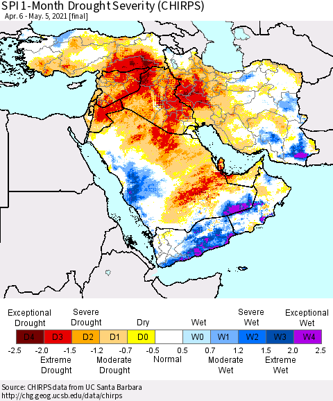 Middle East and Turkey SPI 1-Month Drought Severity (CHIRPS) Thematic Map For 4/6/2021 - 5/5/2021
