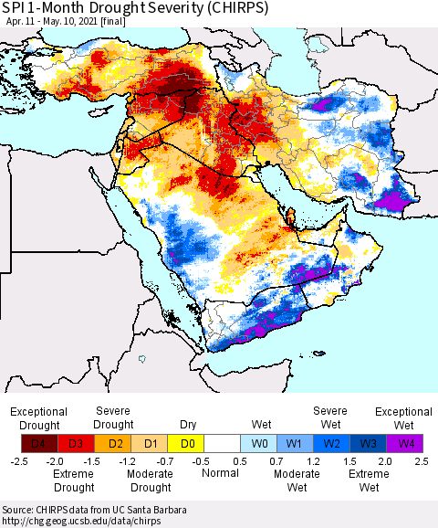 Middle East and Turkey SPI 1-Month Drought Severity (CHIRPS) Thematic Map For 4/11/2021 - 5/10/2021