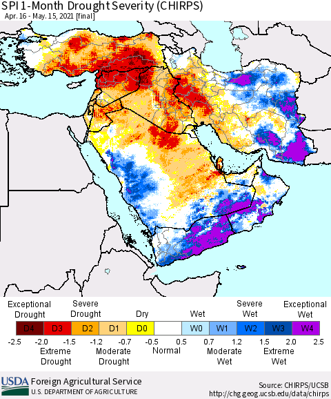 Middle East and Turkey SPI 1-Month Drought Severity (CHIRPS) Thematic Map For 4/16/2021 - 5/15/2021