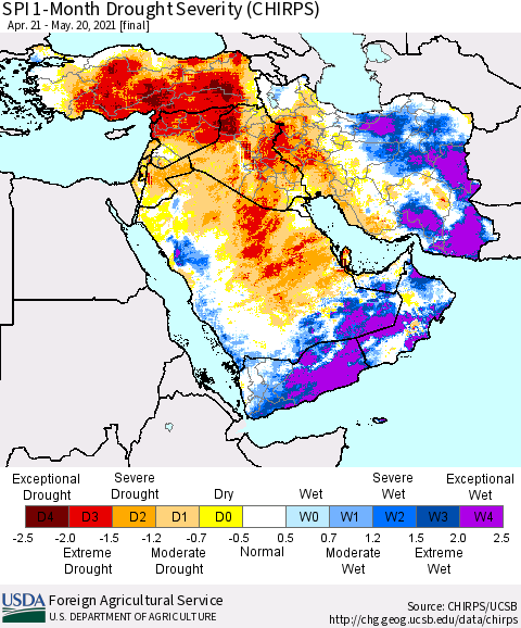 Middle East and Turkey SPI 1-Month Drought Severity (CHIRPS) Thematic Map For 4/21/2021 - 5/20/2021