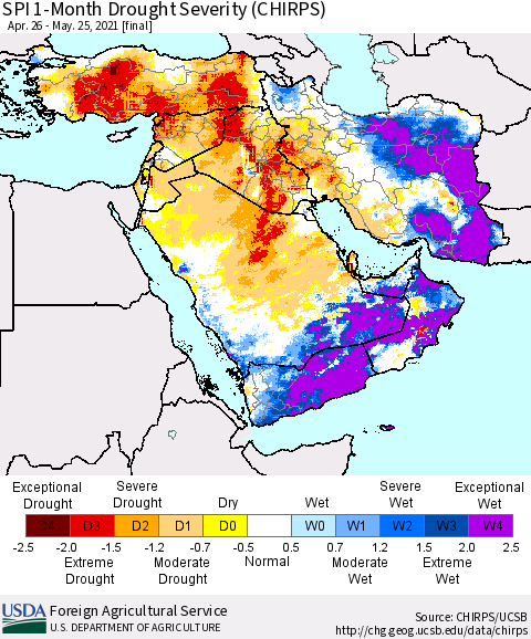 Middle East and Turkey SPI 1-Month Drought Severity (CHIRPS) Thematic Map For 4/26/2021 - 5/25/2021