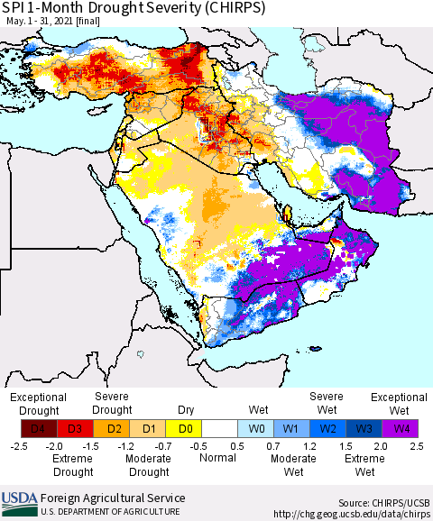 Middle East and Turkey SPI 1-Month Drought Severity (CHIRPS) Thematic Map For 5/1/2021 - 5/31/2021