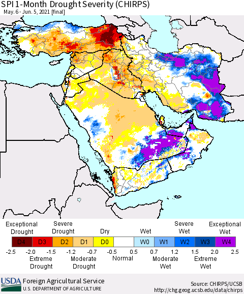 Middle East and Turkey SPI 1-Month Drought Severity (CHIRPS) Thematic Map For 5/6/2021 - 6/5/2021