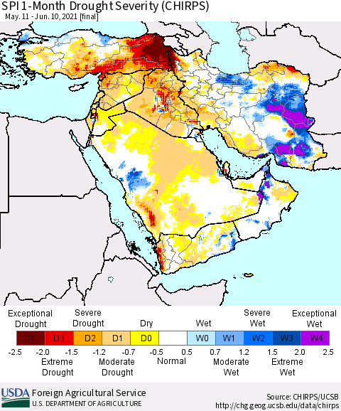 Middle East and Turkey SPI 1-Month Drought Severity (CHIRPS) Thematic Map For 5/11/2021 - 6/10/2021