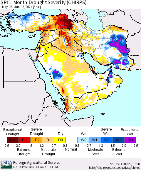 Middle East and Turkey SPI 1-Month Drought Severity (CHIRPS) Thematic Map For 5/16/2021 - 6/15/2021