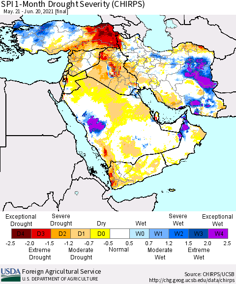 Middle East and Turkey SPI 1-Month Drought Severity (CHIRPS) Thematic Map For 5/21/2021 - 6/20/2021