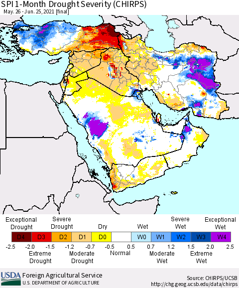 Middle East and Turkey SPI 1-Month Drought Severity (CHIRPS) Thematic Map For 5/26/2021 - 6/25/2021