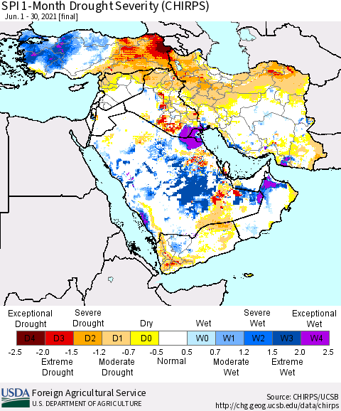 Middle East and Turkey SPI 1-Month Drought Severity (CHIRPS) Thematic Map For 6/1/2021 - 6/30/2021