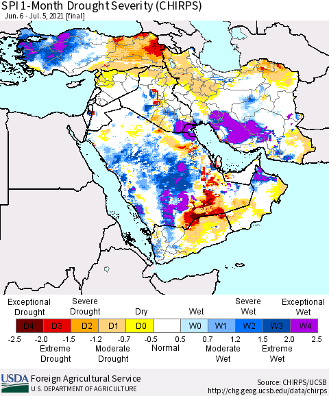 Middle East and Turkey SPI 1-Month Drought Severity (CHIRPS) Thematic Map For 6/6/2021 - 7/5/2021