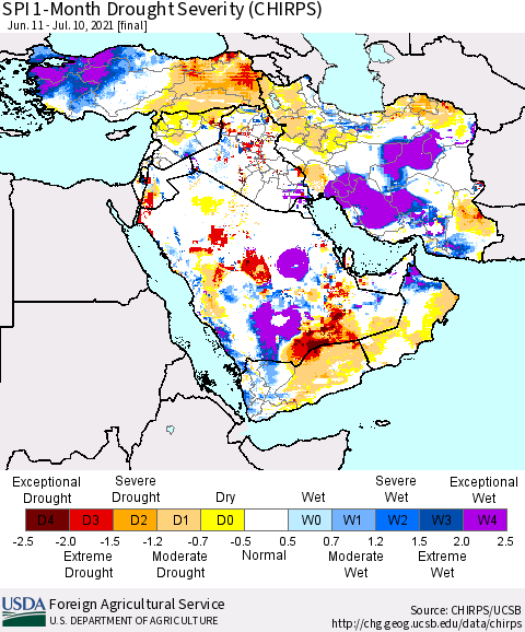 Middle East and Turkey SPI 1-Month Drought Severity (CHIRPS) Thematic Map For 6/11/2021 - 7/10/2021
