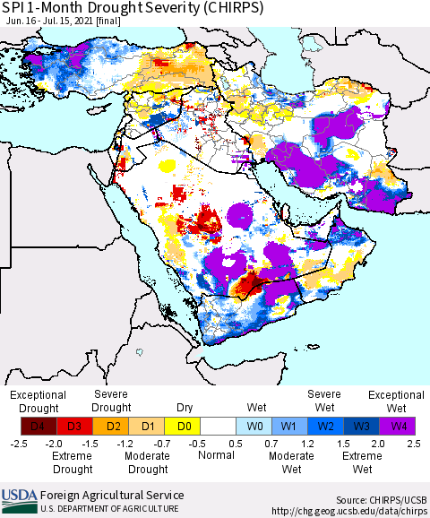 Middle East and Turkey SPI 1-Month Drought Severity (CHIRPS) Thematic Map For 6/16/2021 - 7/15/2021