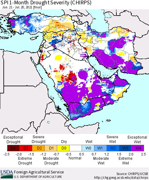 Middle East and Turkey SPI 1-Month Drought Severity (CHIRPS) Thematic Map For 6/21/2021 - 7/20/2021