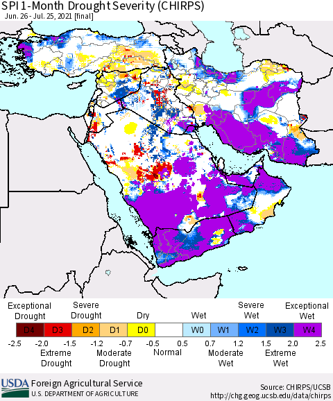 Middle East and Turkey SPI 1-Month Drought Severity (CHIRPS) Thematic Map For 6/26/2021 - 7/25/2021