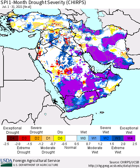 Middle East and Turkey SPI 1-Month Drought Severity (CHIRPS) Thematic Map For 7/1/2021 - 7/31/2021