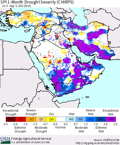 Middle East and Turkey SPI 1-Month Drought Severity (CHIRPS) Thematic Map For 7/6/2021 - 8/5/2021