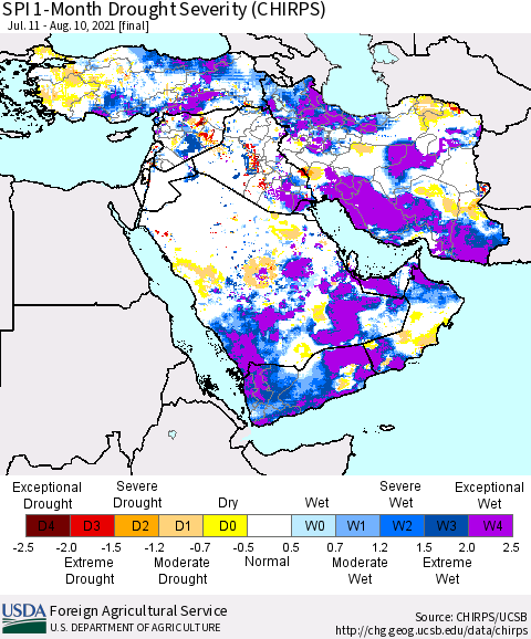 Middle East and Turkey SPI 1-Month Drought Severity (CHIRPS) Thematic Map For 7/11/2021 - 8/10/2021