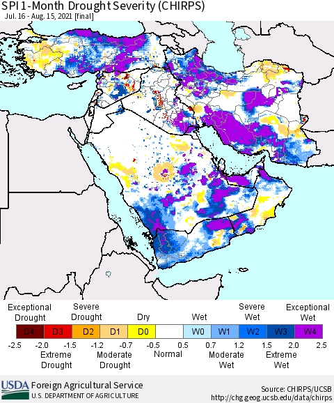 Middle East and Turkey SPI 1-Month Drought Severity (CHIRPS) Thematic Map For 7/16/2021 - 8/15/2021
