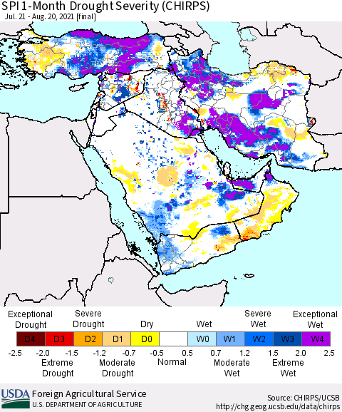 Middle East and Turkey SPI 1-Month Drought Severity (CHIRPS) Thematic Map For 7/21/2021 - 8/20/2021