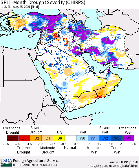 Middle East and Turkey SPI 1-Month Drought Severity (CHIRPS) Thematic Map For 7/26/2021 - 8/25/2021